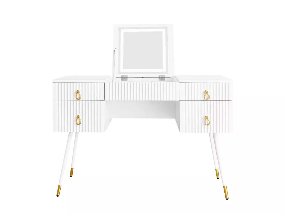Coiffeuse avec miroir pliable à LEDs intelligentes - 3 tiroirs spacieux - 120 x 45 x 121 cm - Bois MDF - Blanc (sans tabouret)