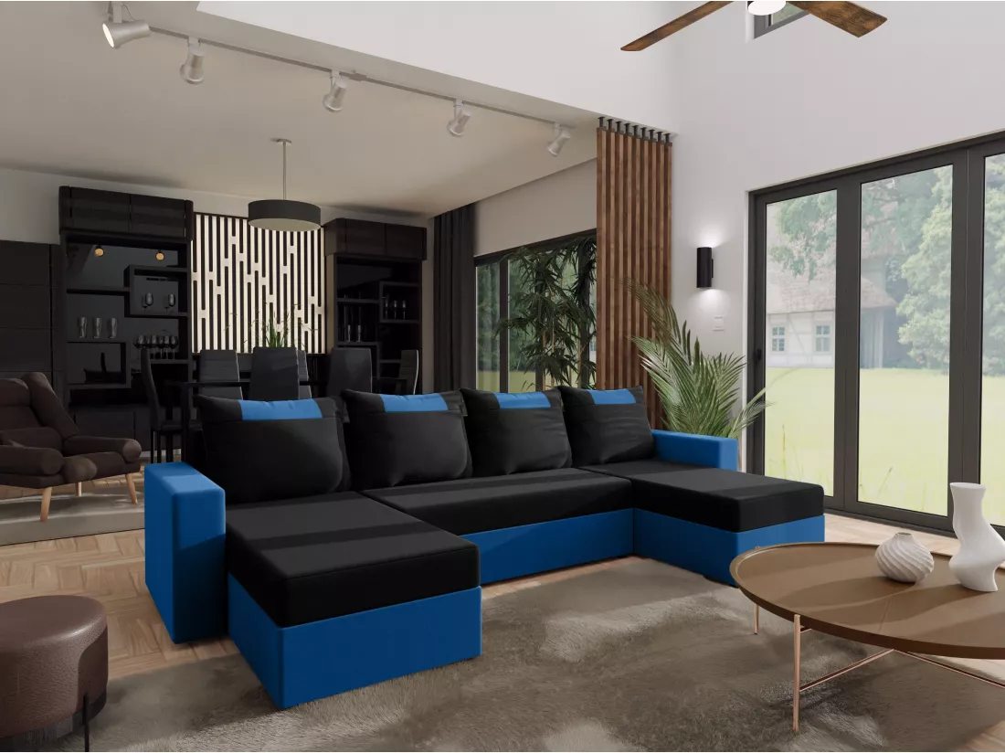 CANAPÉ PANORAMIQUE avec fonction de couchage Susanne jusqu’à 8 places, Noir+Bleu foncé