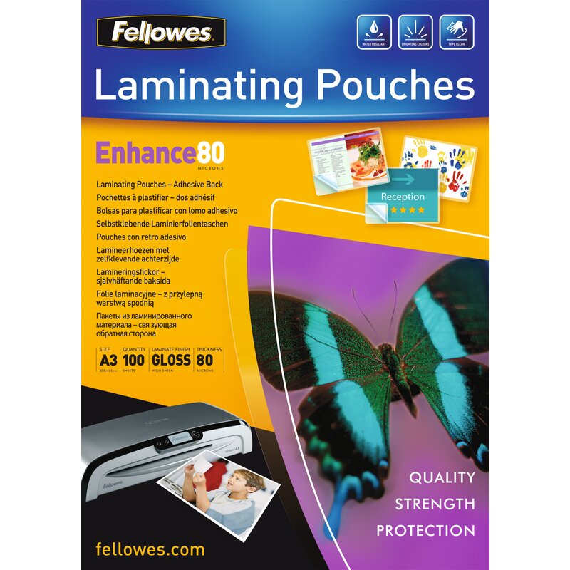 Fellowes Laminierfolien Enhance, A3, 80 mic, glanz, selbstklebend, 100 Stück