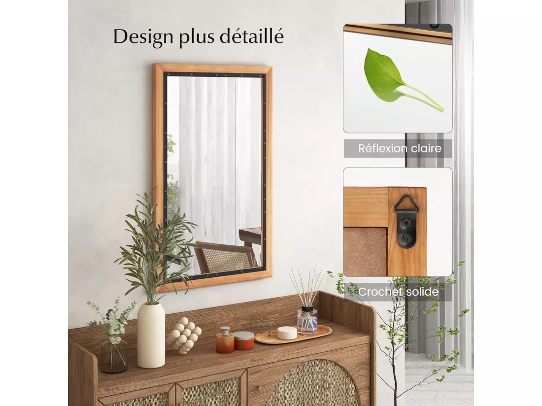 Miroir mural rustique avec cadre en bois de sapin, 50 x 90 cm (style 1)