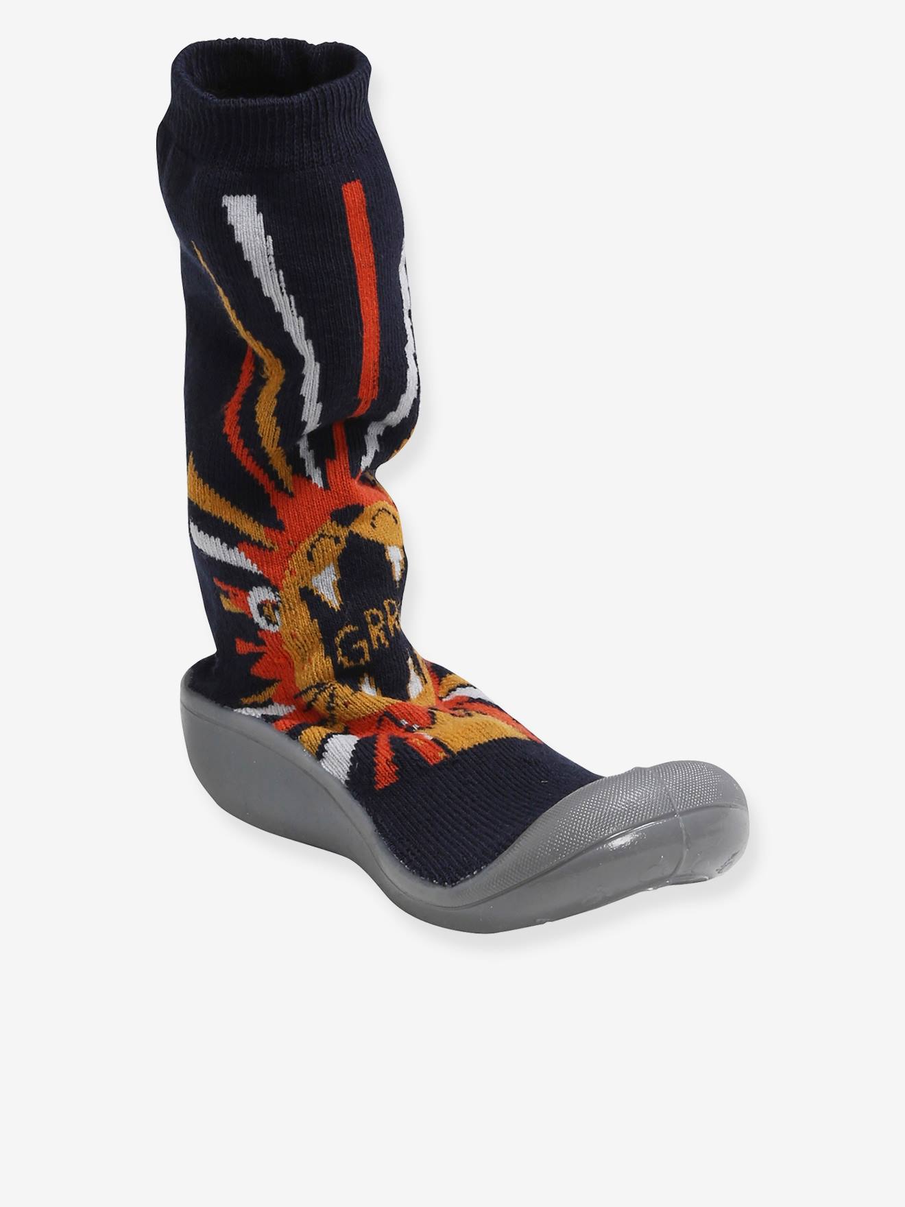 Pantufas antiderrapantes estilo meia para meninos, azul-escuras com estampa.