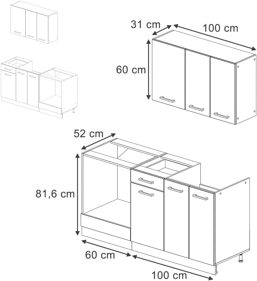 Vicco Singleküche R-Line, Schwarz Hochglanz/Weiß, 160 cm mit Herdumbauschrank und Spüle ohne AP