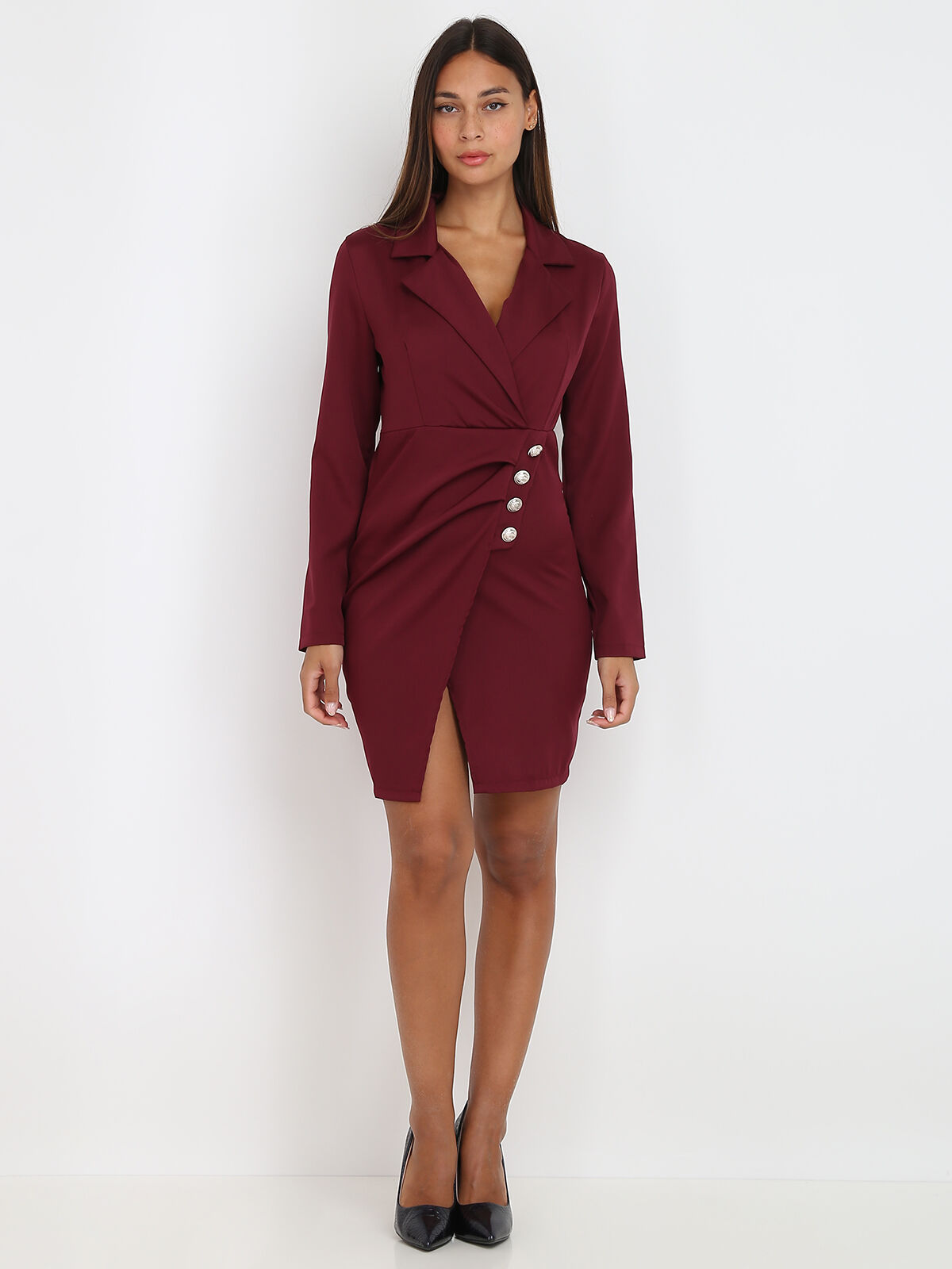 Robe blazer boutonnée et fendue- Bordeaux