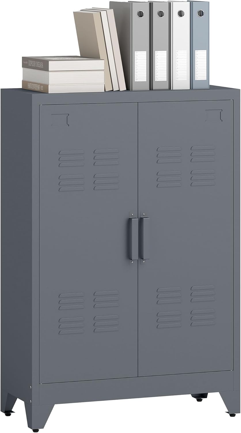 HOMCOM Aktenschrank Metallschrank Mehrzweckschrank mit magnetischer Lamellen-Doppeltür Verstellbarer Einlegeboden Büroschrank Aufbewahrungsschrank für Arbeitszimmer Wohnzimmer 75 x 33 x 110 cm Grau