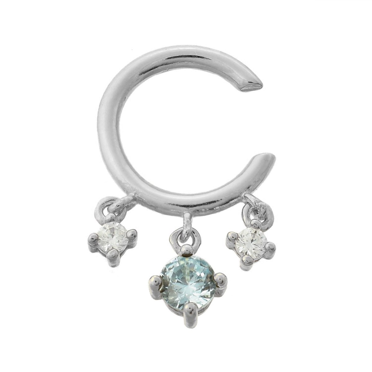 Bague d'oreille 3 oxydes de zirconium pendants central bleu Argent 925 Rhodié