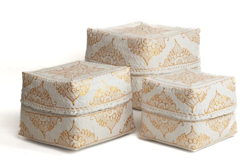 Dozen / Manden bamboe - set van 3 wit goud Set Bamboe Offer Dozen / Manden wit/goud
