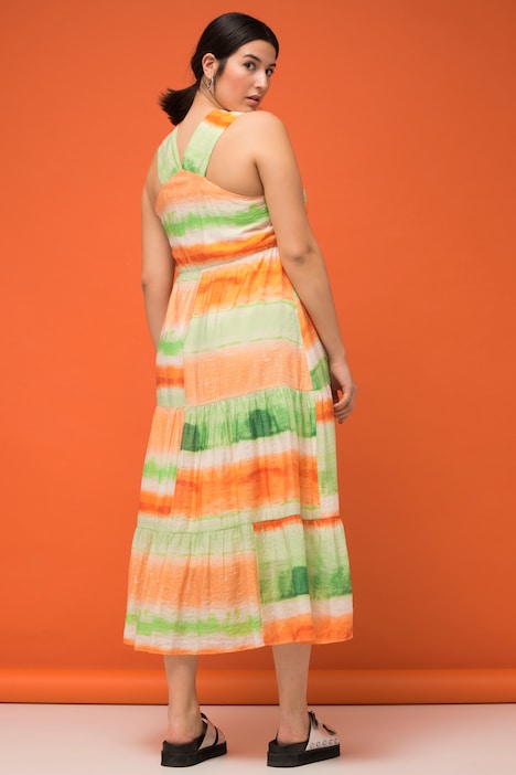 Maxikleid, A-Line, Batikstreifen, Rücken-V-Ausschnitt, Volants