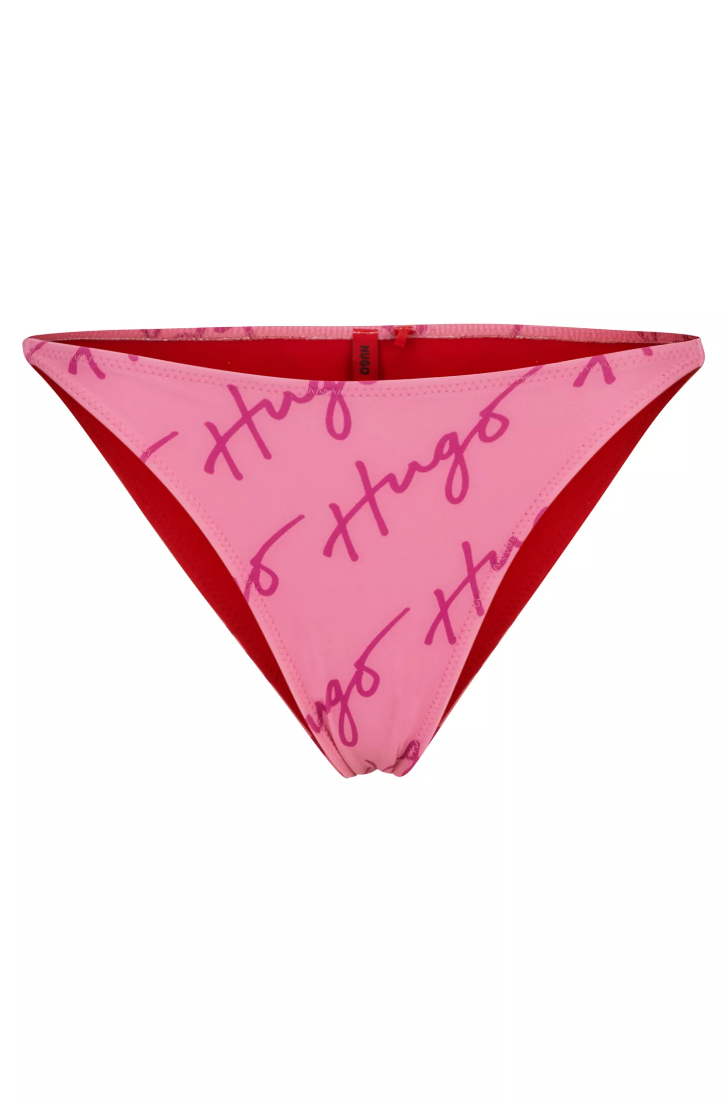 Calcinha de biquíni HUGO vermelha de secagem rápida com logotipos escritos à mão.