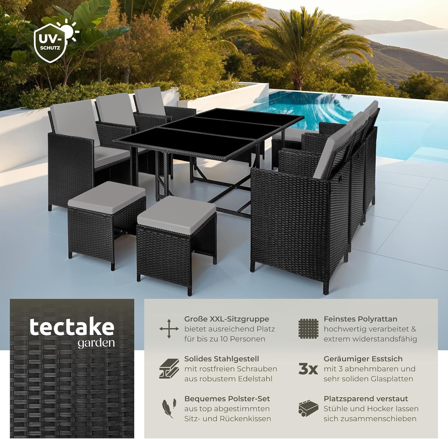 tectake® Outdoor Balkon Gartenmöbel Set, Lounge mit 6 Stühlen, 4 Hocker und 1 Tisch, Poly Rattan Geflecht, wetterfest, platzsparend - schwarz/grau