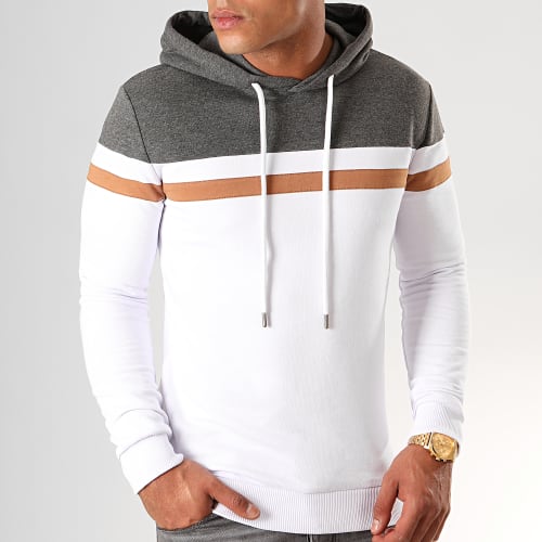 Sweat Capuche Slim Fit Tricolore 843 Blanc Anthracite Camel