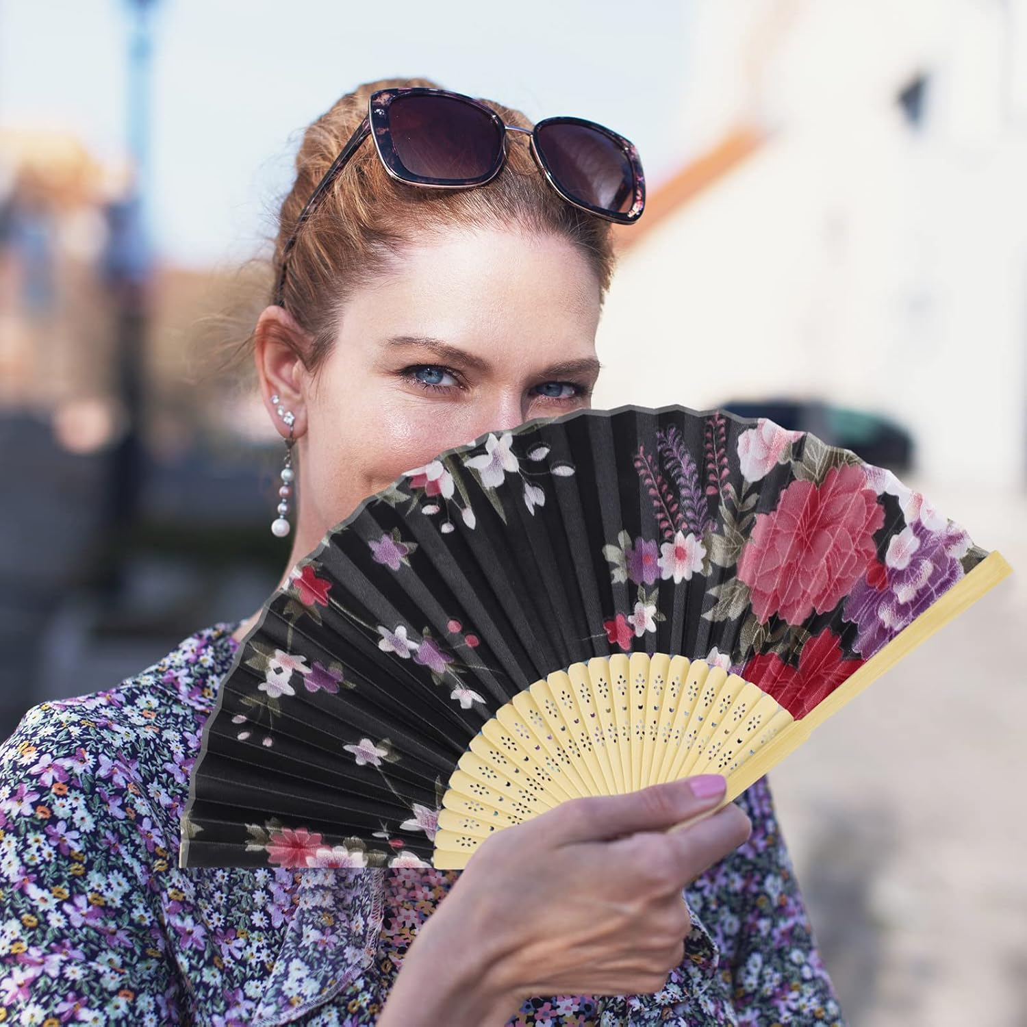 Bambus Fächer Faltbarer Handfächer Sommer Fan Blumen - Schwarz / Weiss
