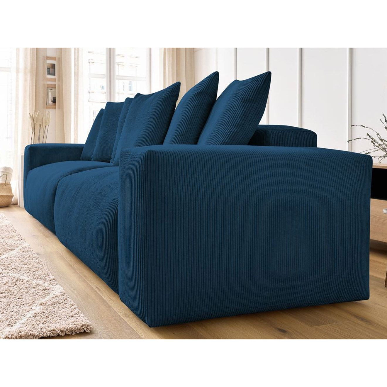 Bobochic Canapé 4 places moelleux voltaire velours côtelé bleu foncé - 320x124x75 cm