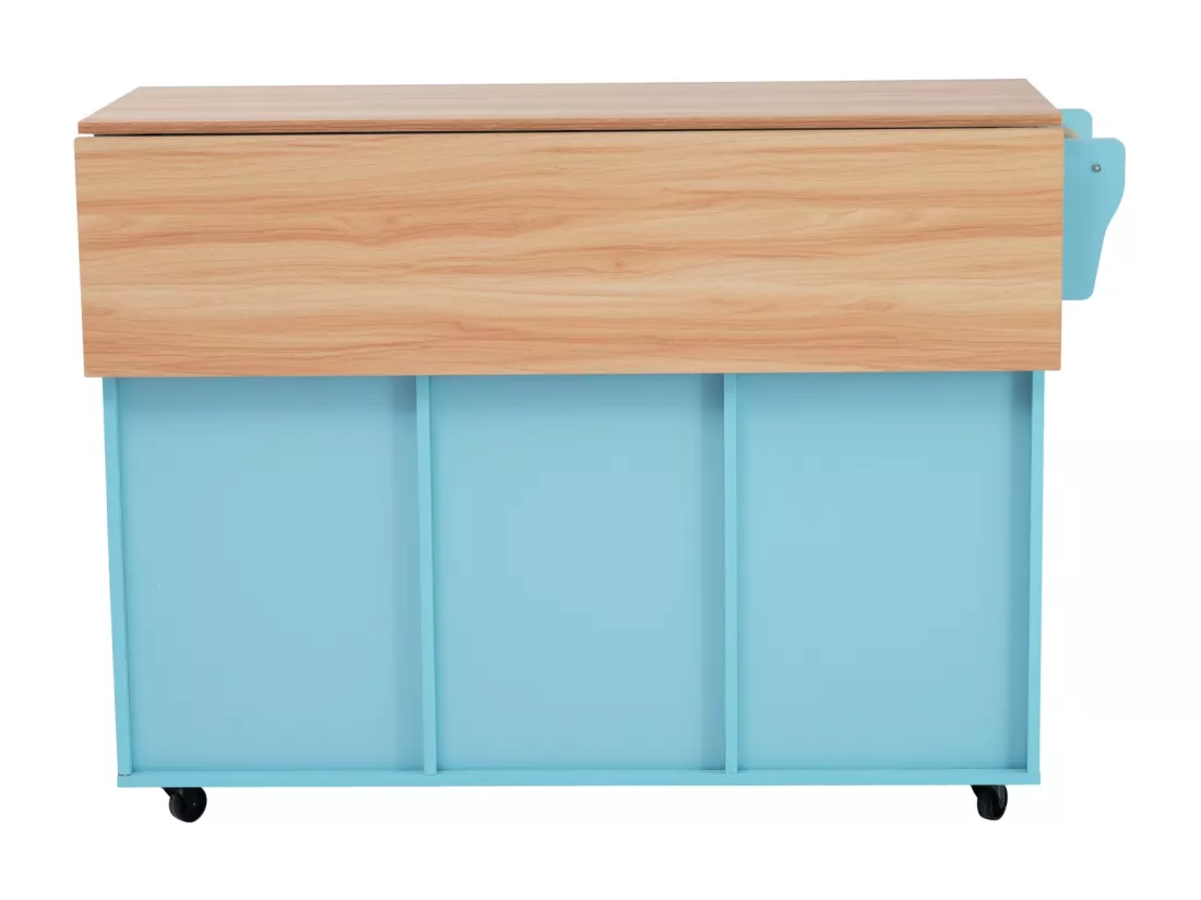 Desserte de cuisine 129x46x91.5cm, chariot de salle à manger, plan de travail pliable, armoire de rangement, bleu