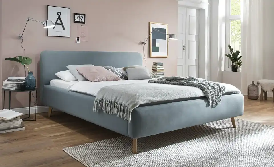 Polsterbettgestell Mattis Eisblau Webstoff fein 140 cm ohne Bettkasten
