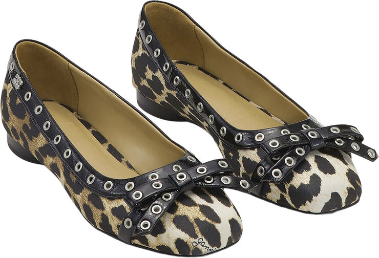 Ganni Eyelets Bow Ballerina Satin Print Leopard print