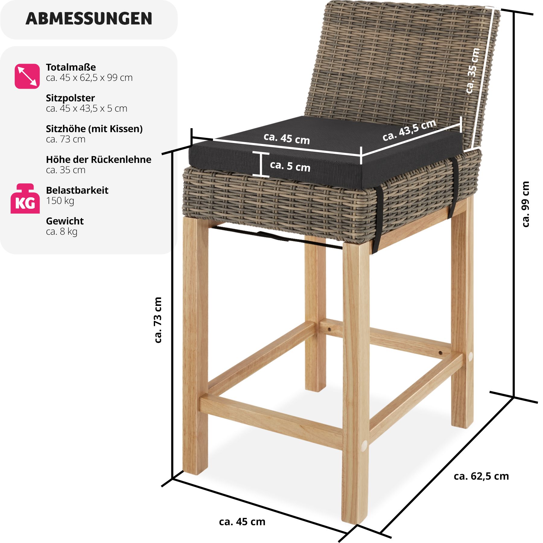 tectake® Rattan Barstuhl, mit Aluminiumgestell, natürlich nachempfundenes Geflecht, inklusive Sitzpolster, 45 x 62,5 x 99 cm