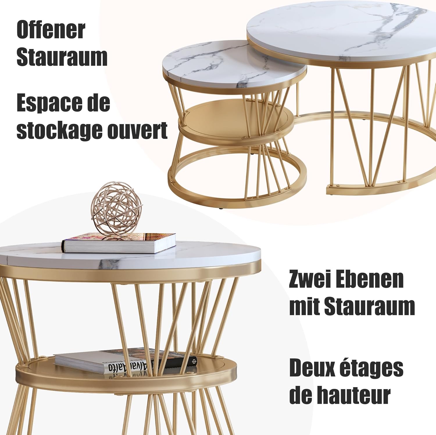 Couchtisch Rund 2er Set,Wohnzimmertisch mit Stauraum,Marmoroptik und Metallgestell,Beistelltisch,für Wohnzimmer,Balkon (Gold-4)
