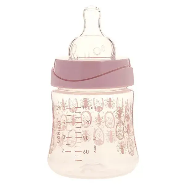 Mamadeira anticólica Bébisol de silicone, gargalo largo, +0m, coelhinhos rosa, 150ml