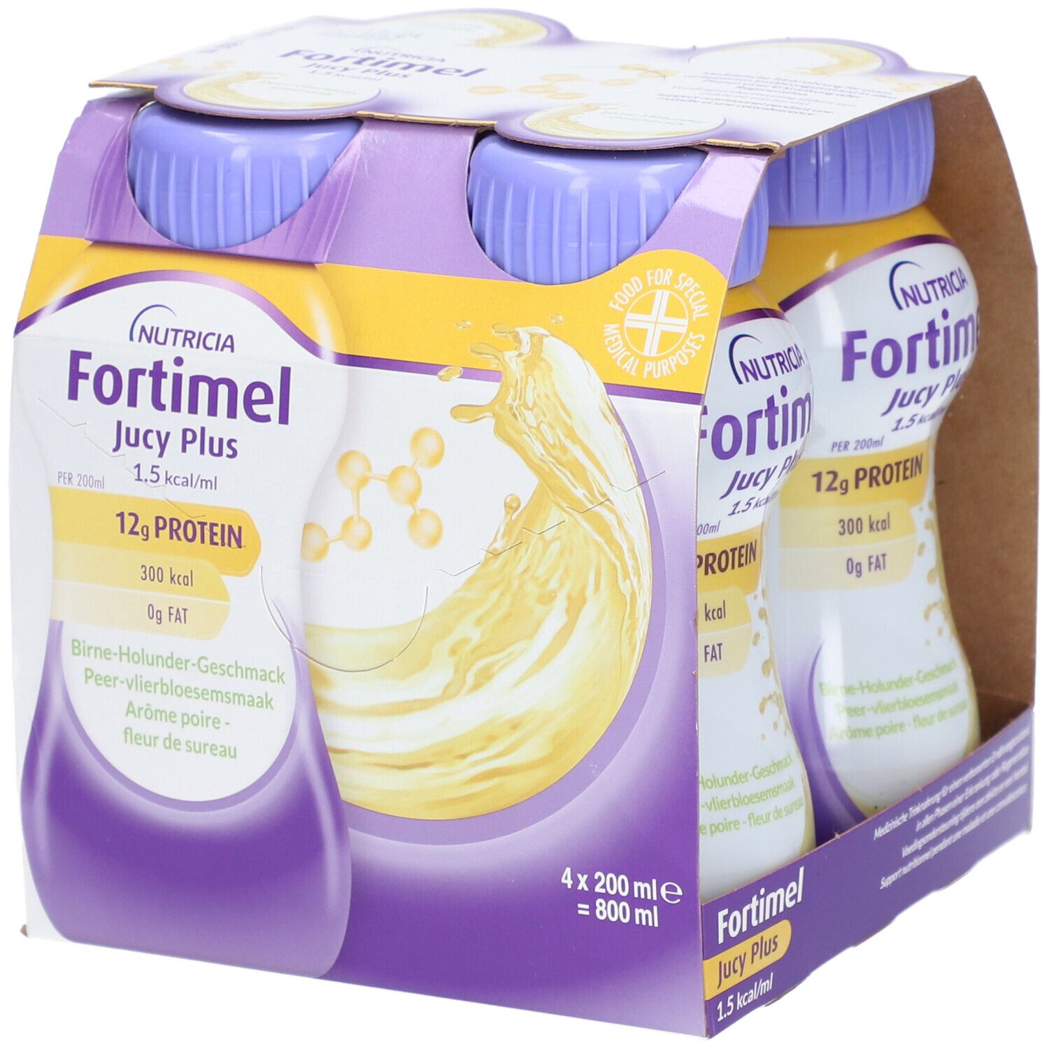 Fortimel® Jucy Plus Birne-Holunder – Hochkalorische Trinknahrung mit vielen wichtigen Nährstoffen – 300 kcal und 12 g Eiweiß pro Flasche