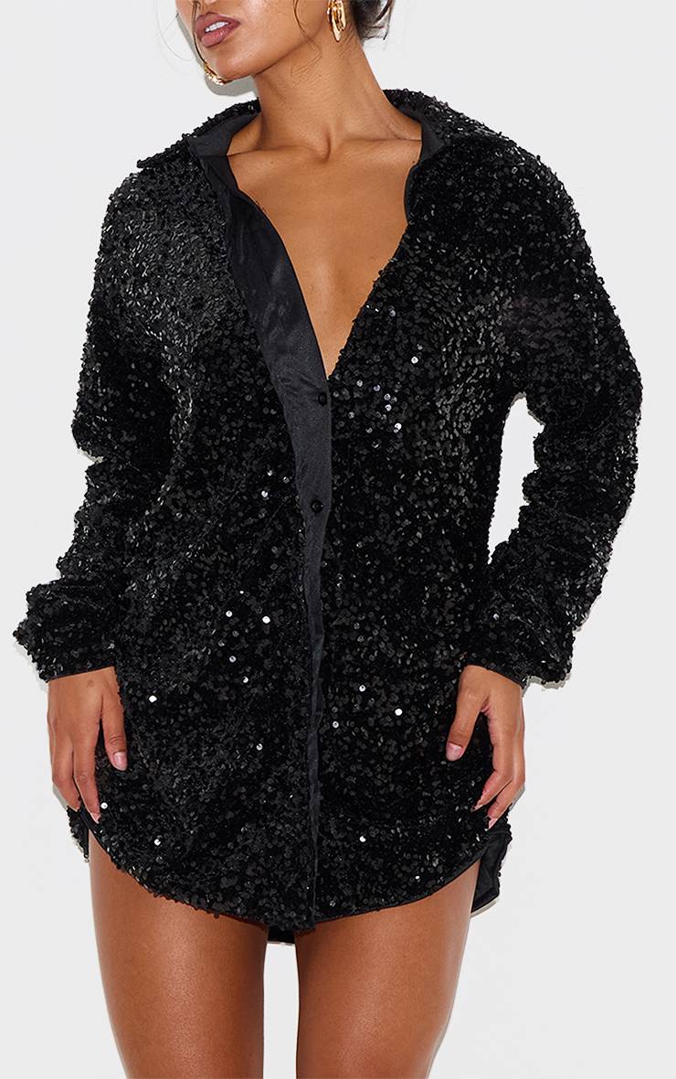 Noir Robe Chemise Oversize En Velours À Sequins