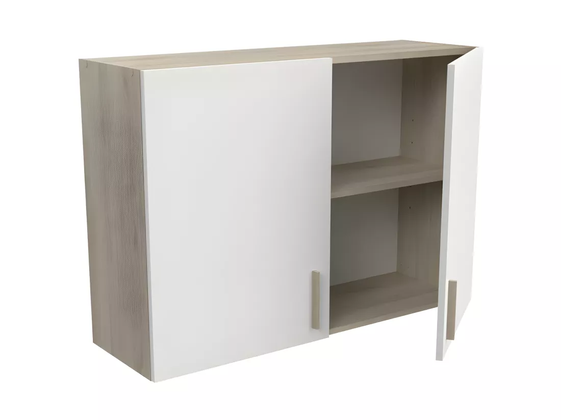 Meuble haut de cuisine 2 portes 100 cm Blanc/Chêne - ABINCI - L 100 x l 30 x H 70 cm