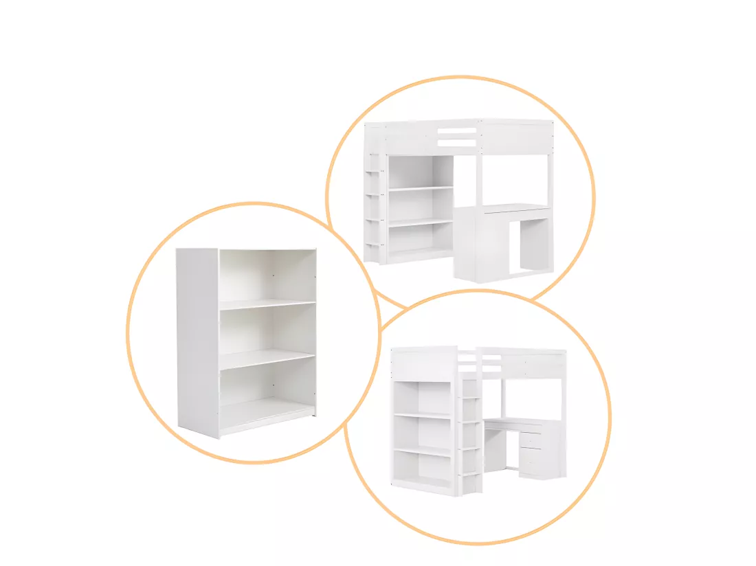 Lit mezzanine 90x200 cm - avec meubles de rangement et un bureau - en bois massif - Blanc