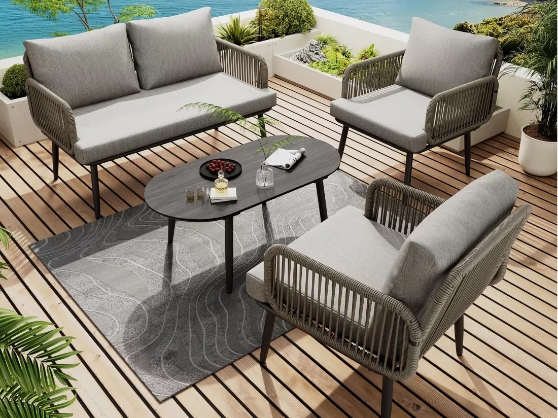 Salon de jardin 4 places - Ensemble de meubles de jardin, canapé + tables basse + 2 fauteuils, tissage en corde épaisse, gris