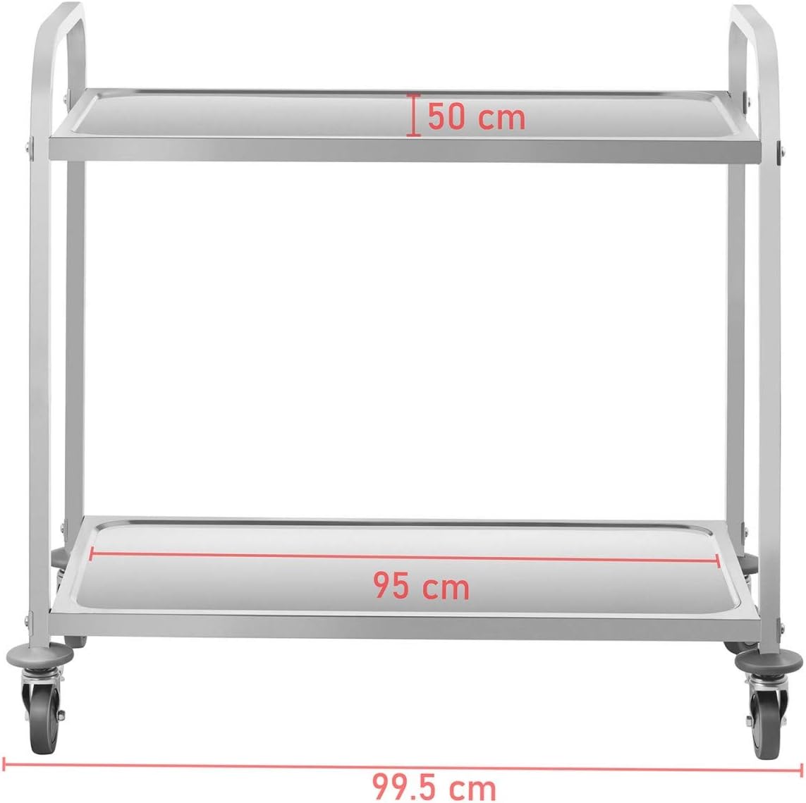 Royal Catering RCSW 3E Servierwagen Küchenwagen (2 Borde, 60 cm Abstand, vibrationsarme 360° drehbare Rollen, Feststellbremsen, bis 160 kg, Edelstahl)
