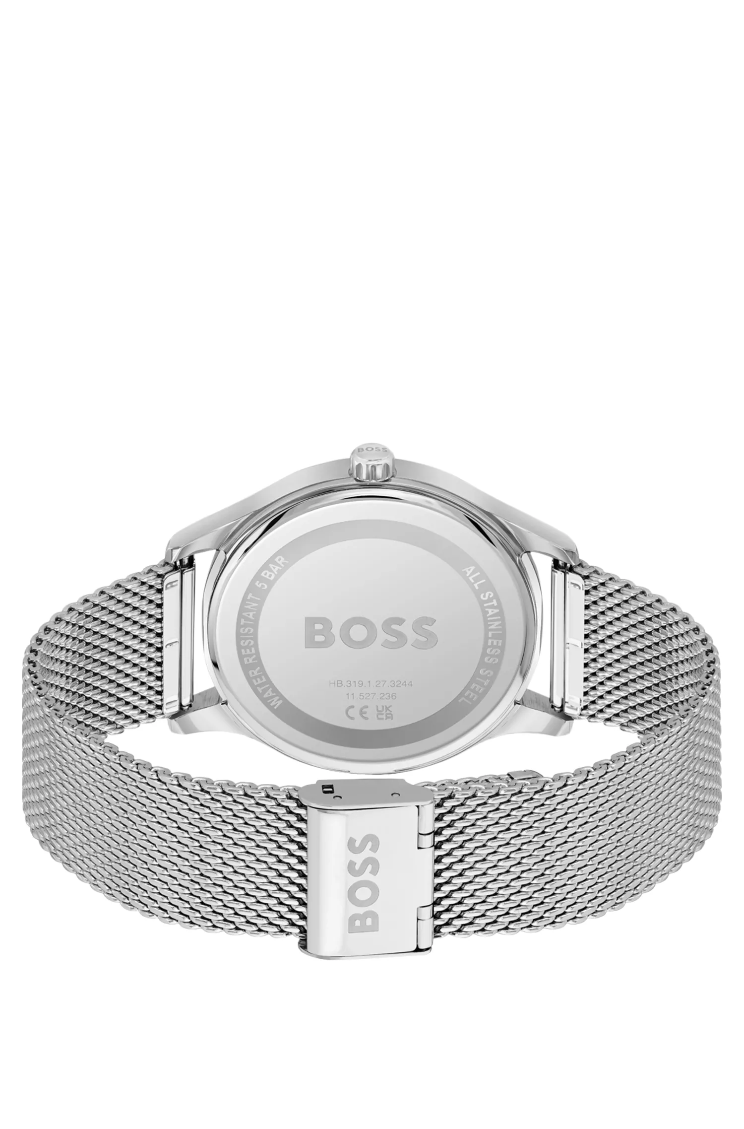 Relógio BOSS com mostrador preto e pulseira de malha.