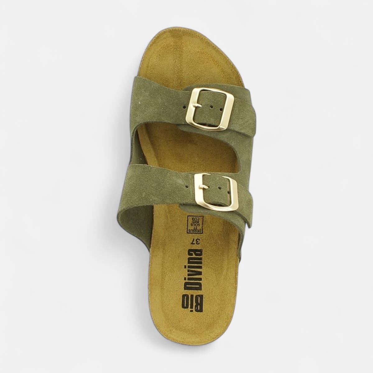 Mules semelle liège à talon compensé Femme en cuir kaki