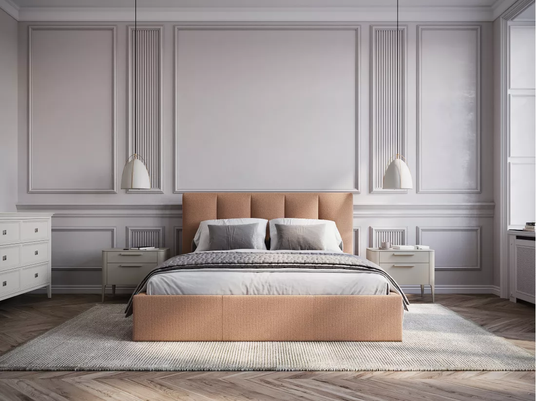 Lit coffre 140 x 190 cm avec tête de lit coutures verticales - Tissu - Terracotta - KILACLO