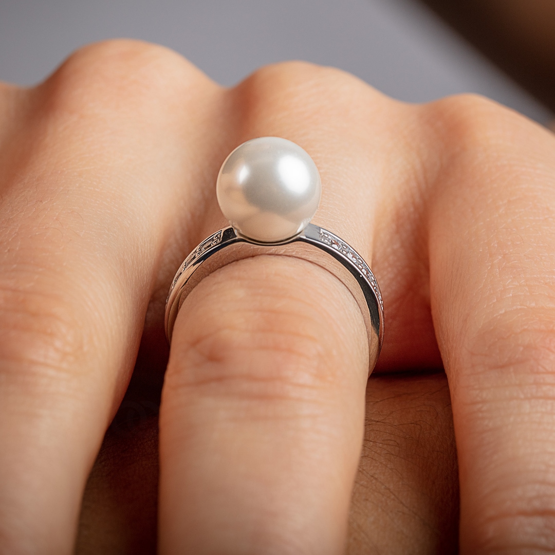 Damenring 925 Silber rhodiniert mit Kunstperle 10mm und Zirkonia