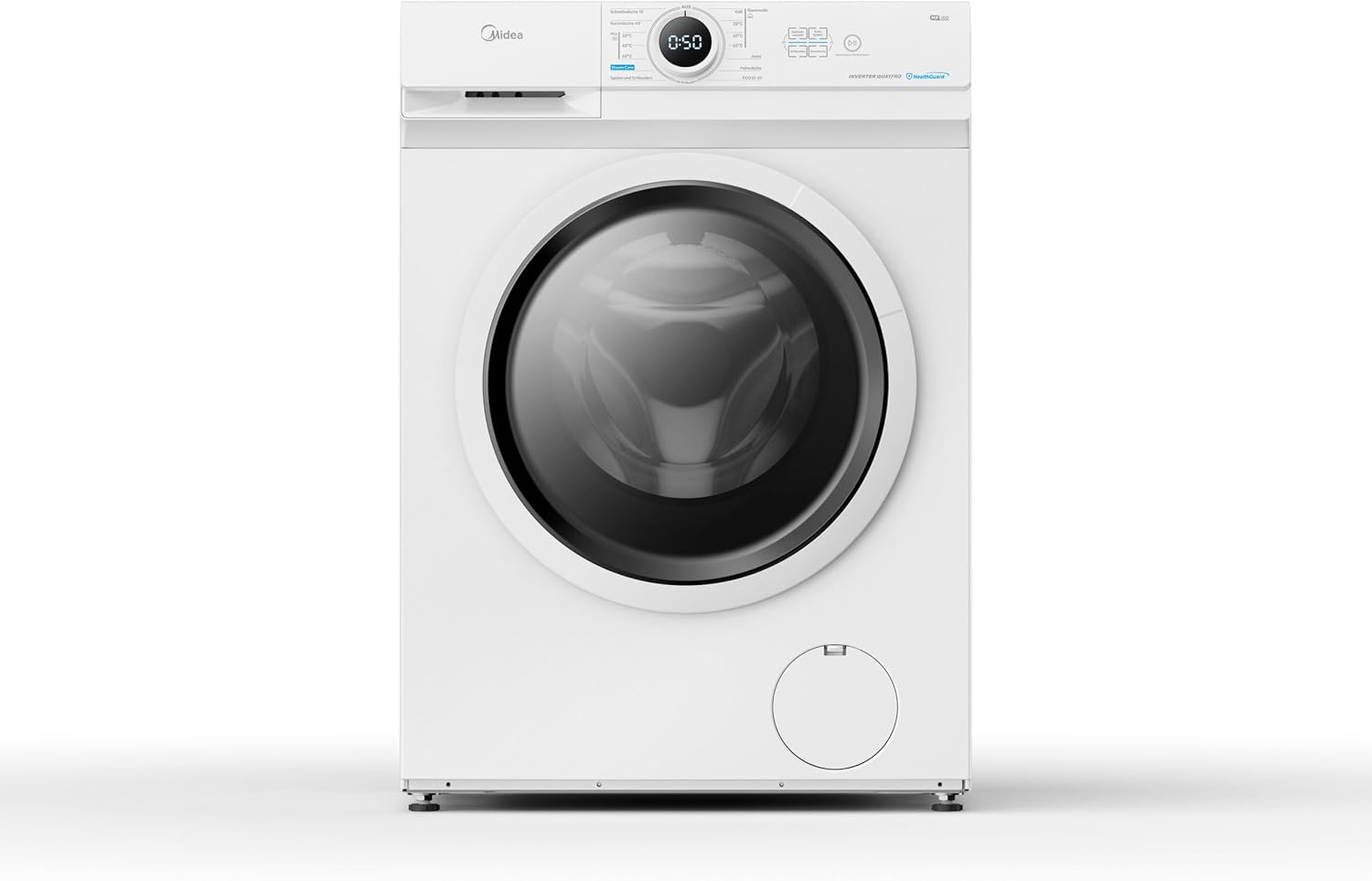 Midea MF10EW90B Waschmaschine / 9kg / 1400 U/Min/EEK A/Inverter Quattro Motor/Dampffunktion/Grosse Trommel/Nachlegefunktion/Kindersicherung/AquaStop, Weiß