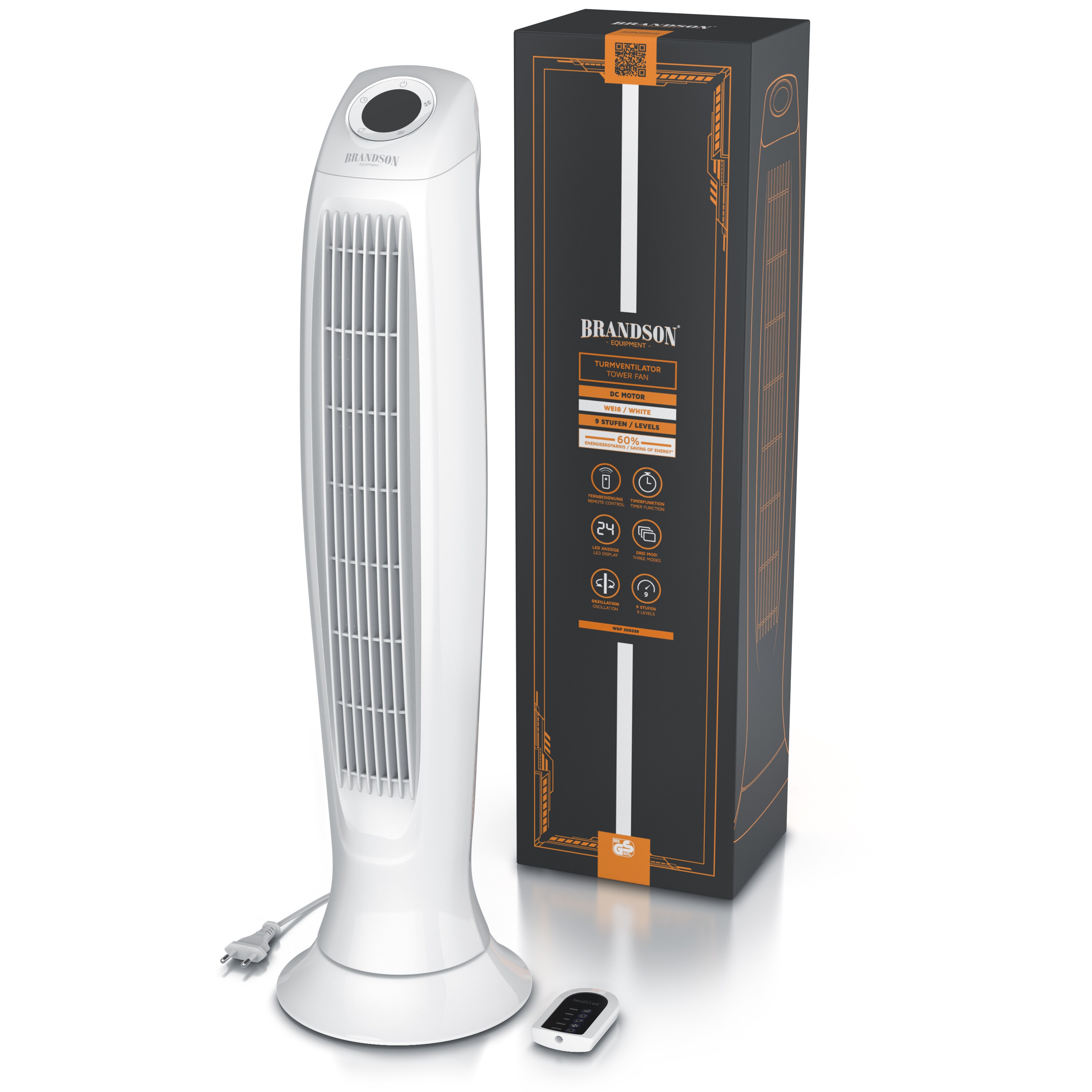 Brandson Turmventilator DC mit 9 Geschwindigkeitsstufen, Standventilor leise mit Fernbedienung, Säulenventilator mit Oszillation, Ventilator