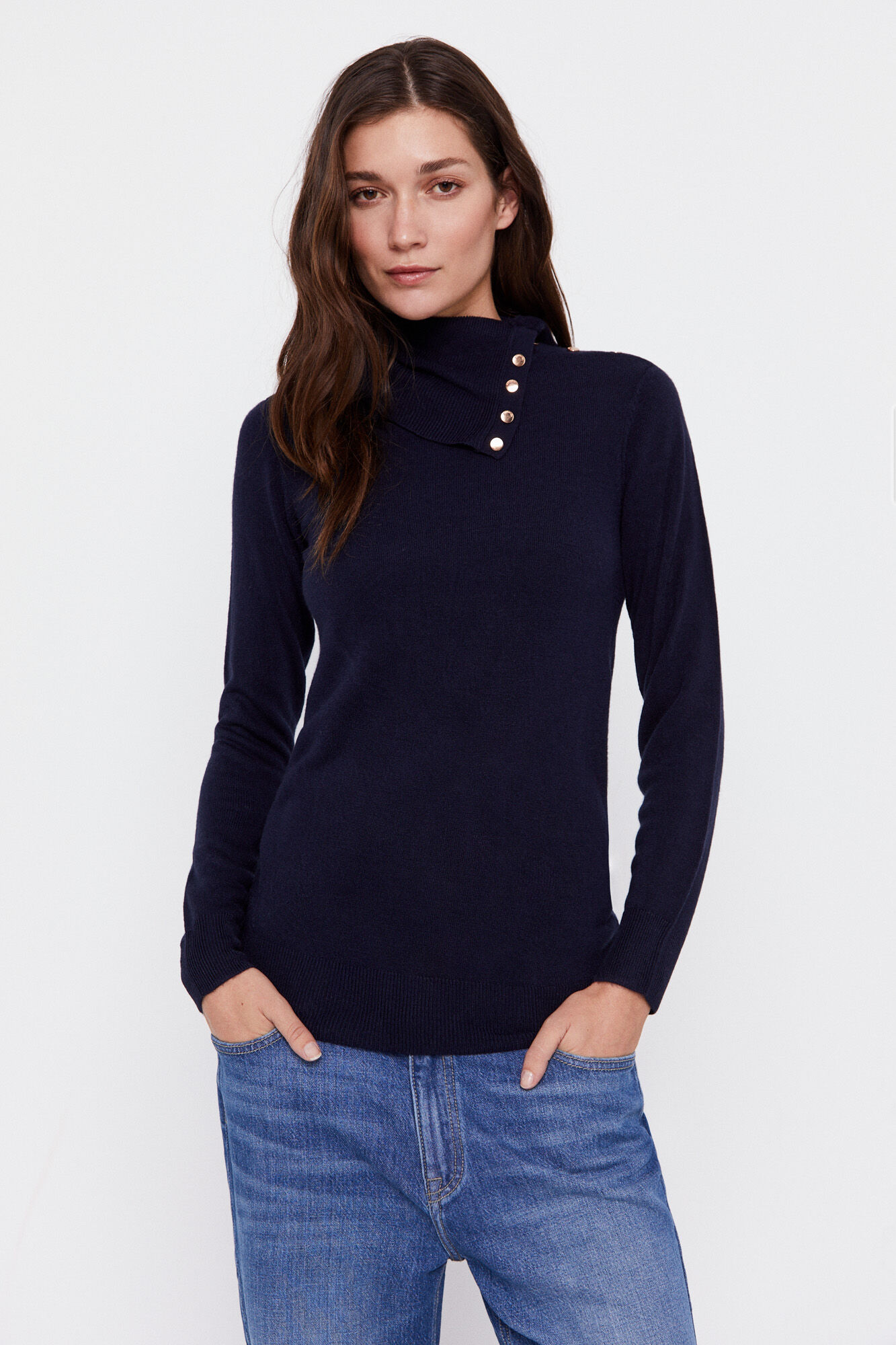 Camisa de malha macia com botões - Azul marinho