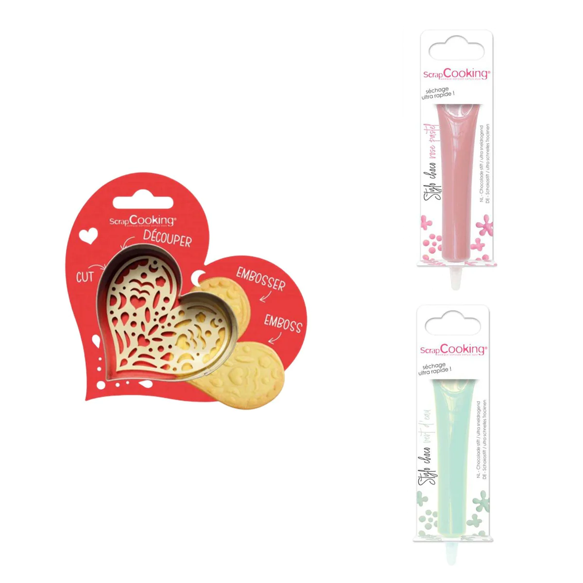 Kit pour biscuit en relief Coeur + 2 Stylos au chocolat rose pastel et