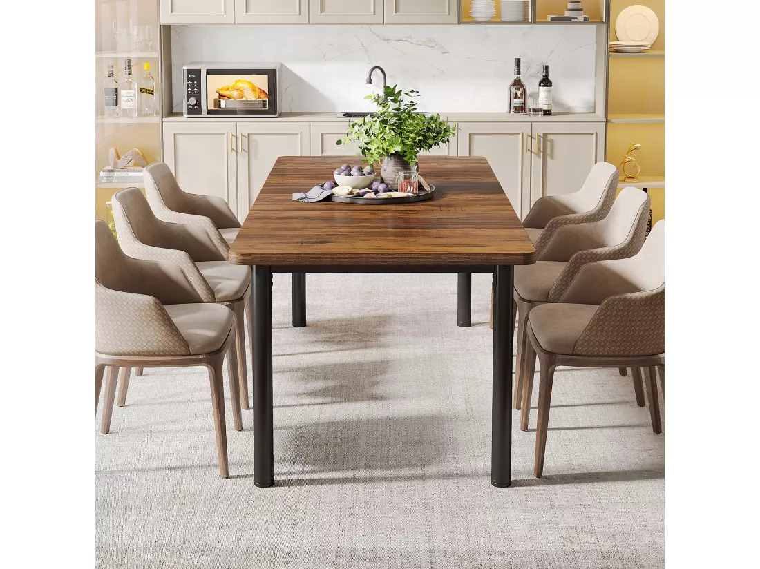 Table à manger de 180 cm avec pieds en métal épais, Grand bureau d'ordinateur, Table de travail pour l'écriture à domicile, le travail, le bureau à domicile, le salon, marron rustique