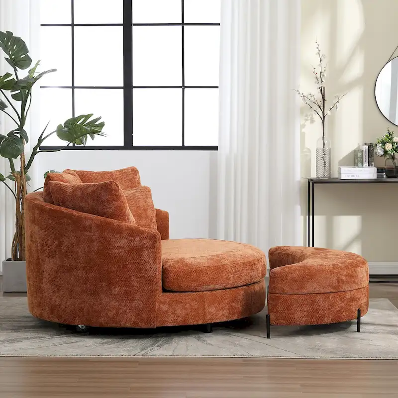 Modern Sofa Chair Round Accent Barrel Chair With 5 Pillows and Optional Ottoman
