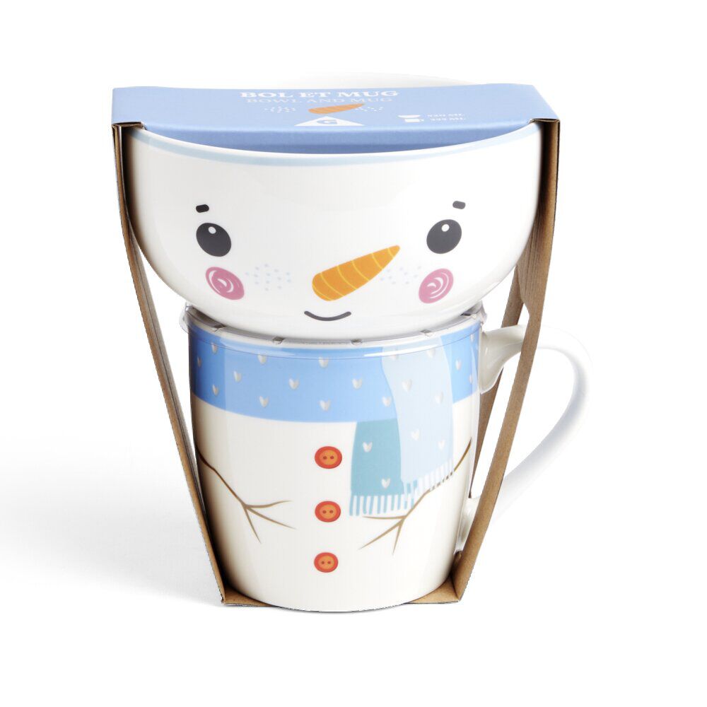 Ensemble mug 355ml avec bol 520ml porcelaine motif bonhomme de neige