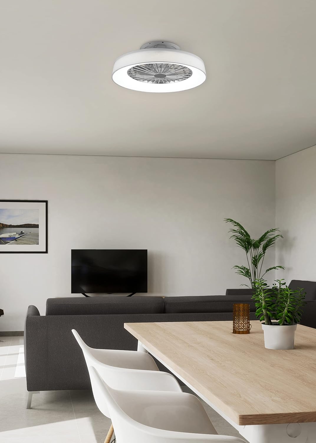 Reality Leuchten LED Deckenleuchten-Ventilator Farsund R62662101, Stoffschirm Weiß, inkl. 26 Watt LED, Ventilator 40 Watt