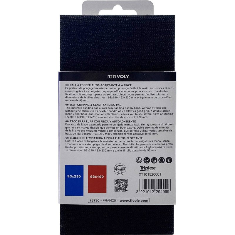 Cale à poncer rectangulaire Tivoly Technic 92 x 185 mm