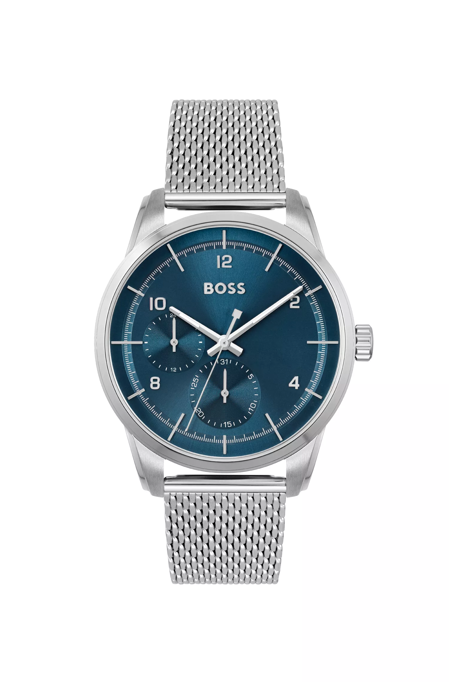 Relógio BOSS com mostrador laranja e azul e múltiplos indicadores, com pulseira de malha.
