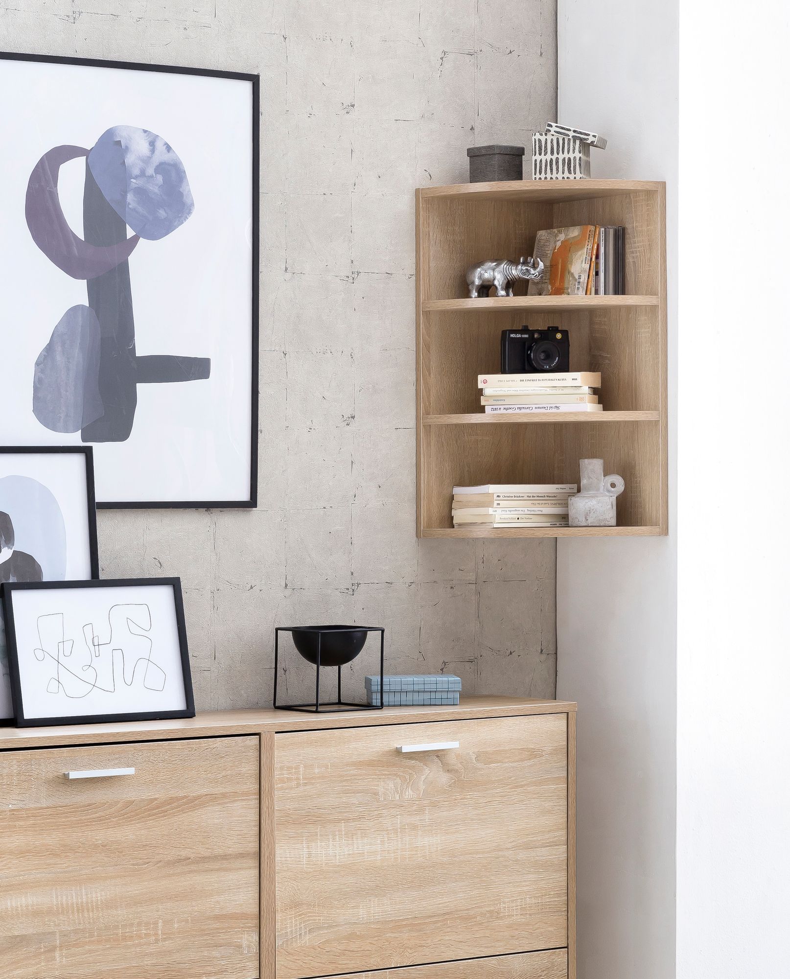 KADIMA DESIGN Eckregal NIDDA: Modern, 3 Fächer, runde Front, Melaminharz-Beschichtung, schneller Aufbau.