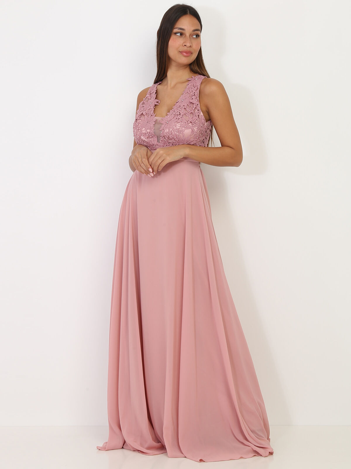 Robe longue à broderies fleuries- Vieux rose