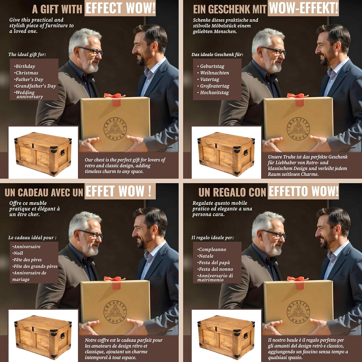 CREATIVE COOPER holzbox, schatztruhe, aufbewahrungsbox, tisch, rustikal truhentisch, couchtisch, spielzeugkiste, 77x49x45 cm, Handarbeit holztruhe, Eco Holzöl Braun…