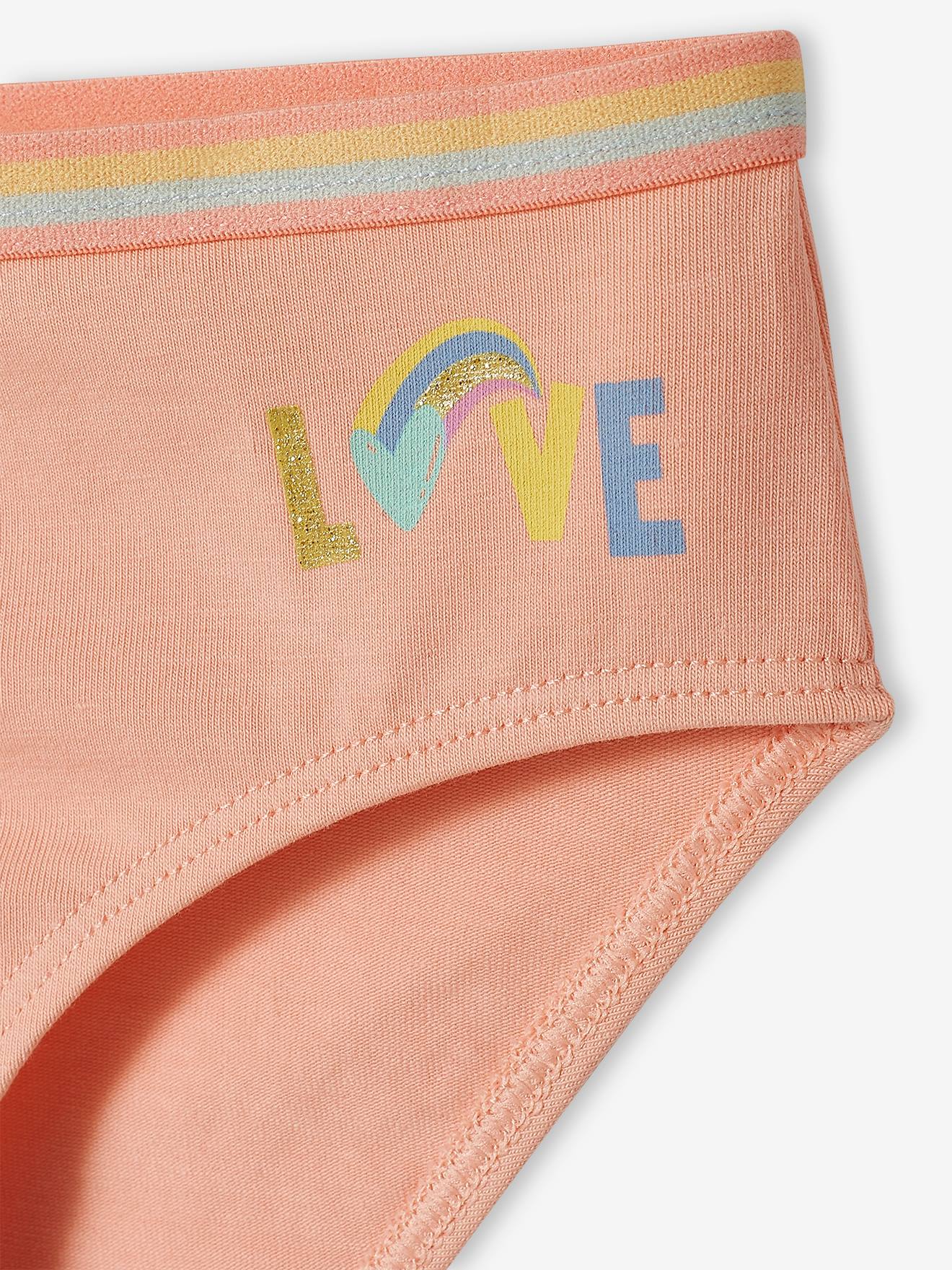 Pacote com 5 calcinhas unicórnio, tamanho médio infantil, lisinhas, violeta com estampas.