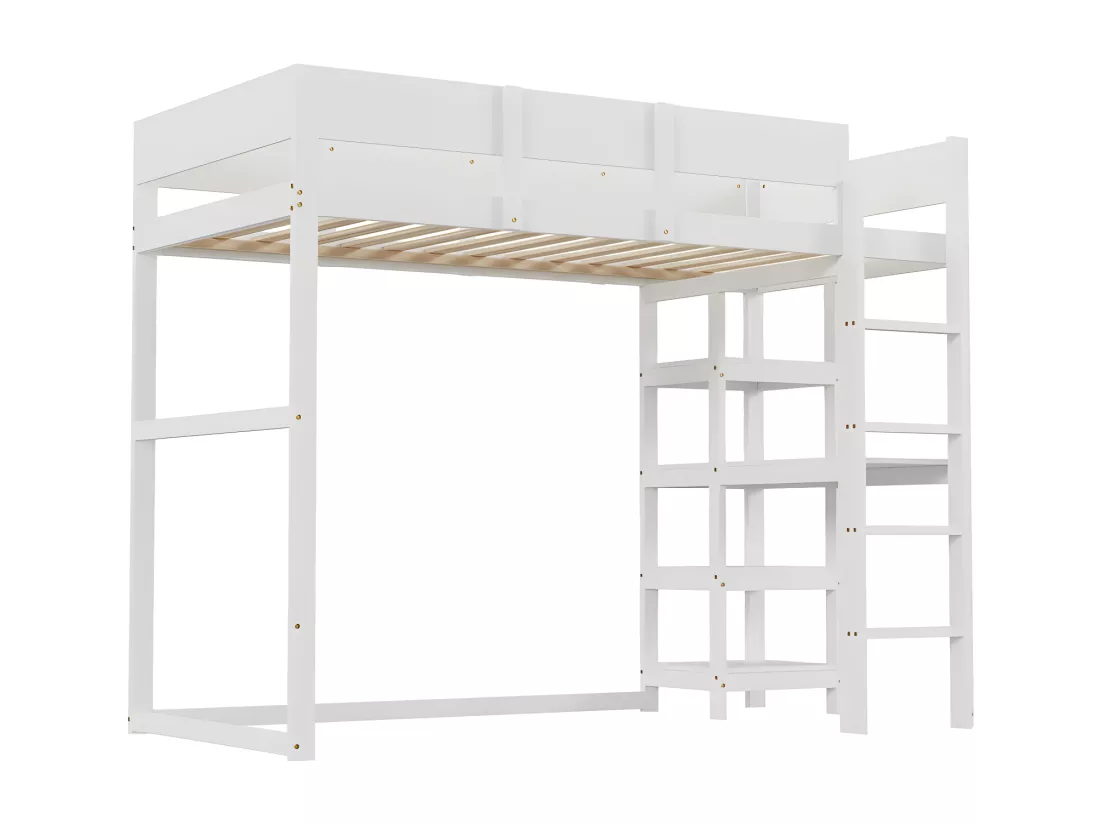 Lit mezzanine 90x200cm en bois - avec étagères et sommier à lattes - Blanc