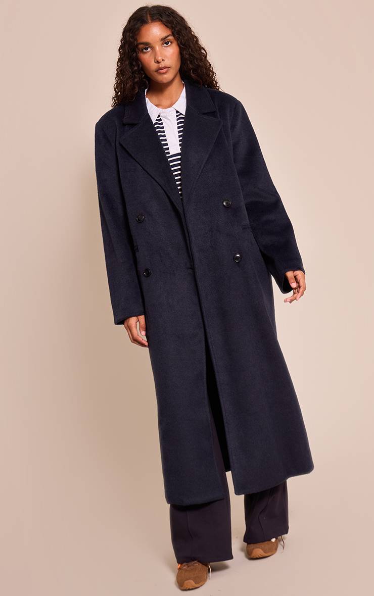 Bleu Marine Manteau Long Structuré En Laine À Double Boutonnage