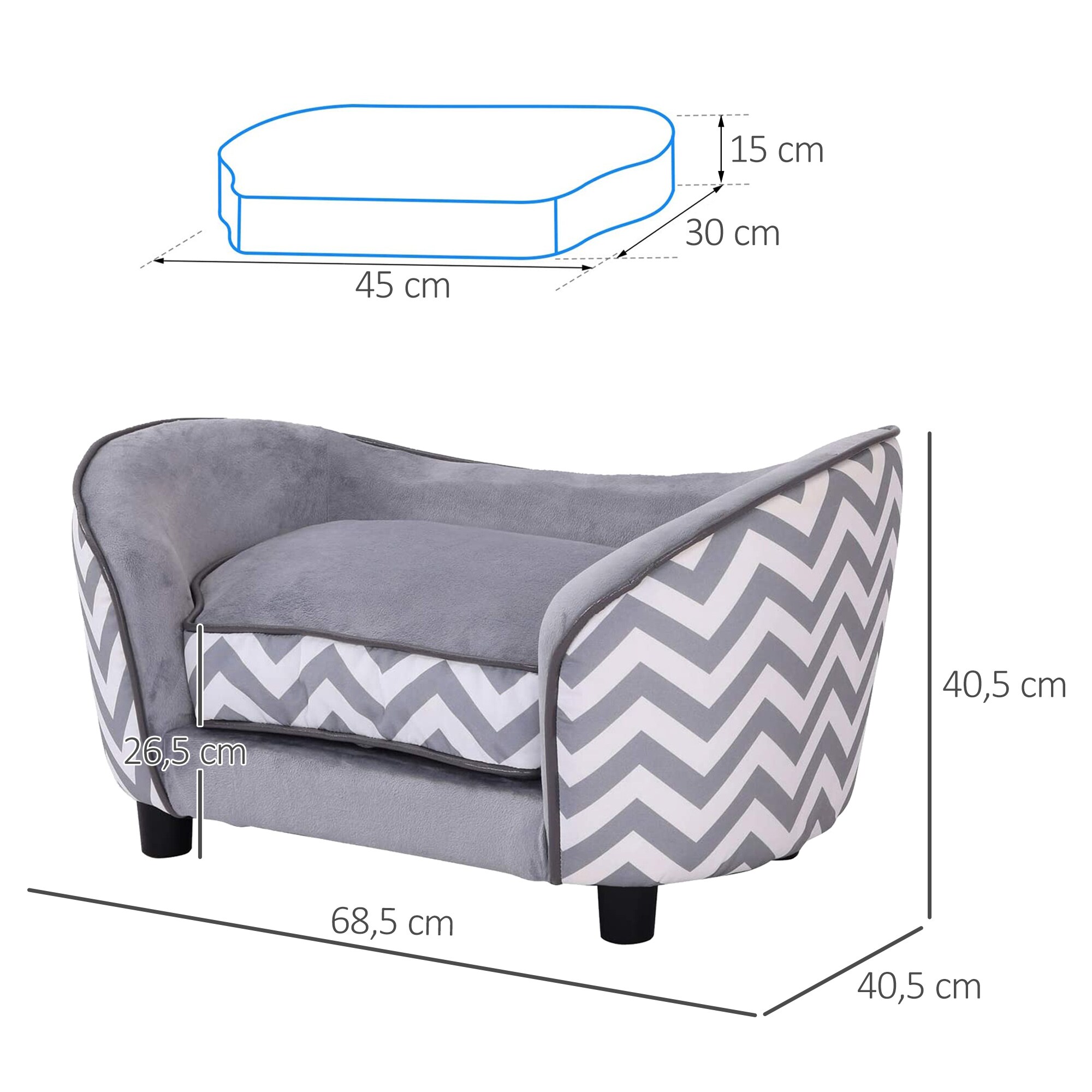 PawHut Hundebett mit Kissen grau 66,5 x 40,5 x 33,5 cm (LxBxH)