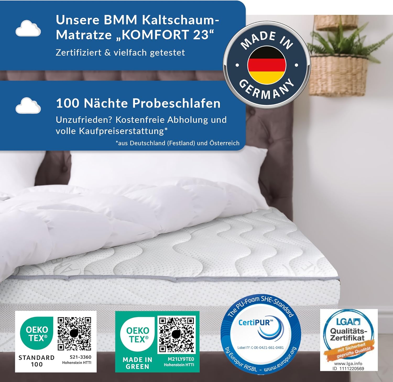 BMM Matratze 120x200cm Komfort 23 H2 medium/Kaltschaummatratze Öko-Tex Zertifiziert/ergonomische 7 Zonen Matratze Höhe 23cm Komfort 23 / Matratzen produziert in Deutschland